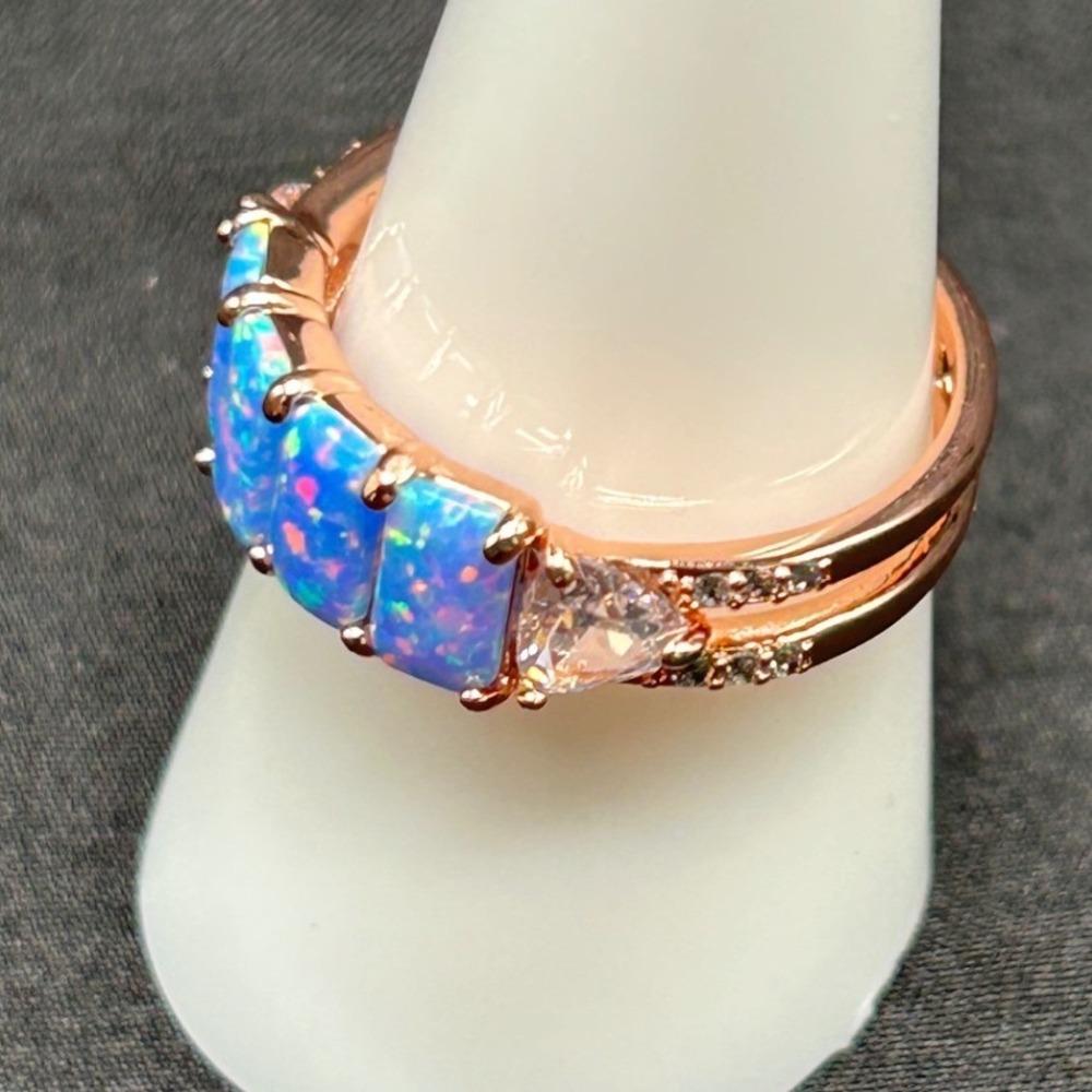 Bomb Party Rose Gold Plated Blue Lab Opal Cubic Zirconia Split Shank Ring Size 9 - Picture 3 of 10